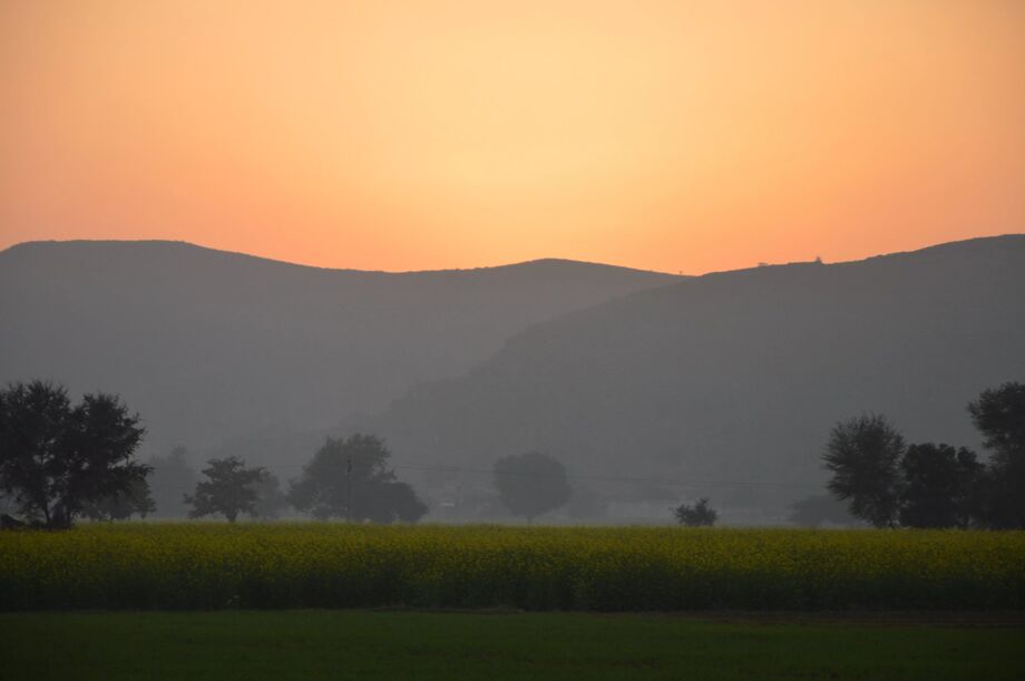 Afton över bergen Alwar, India Friluftspinglan Reiseguiden Pall för kortväxta Alwar, India Friluftspinglan